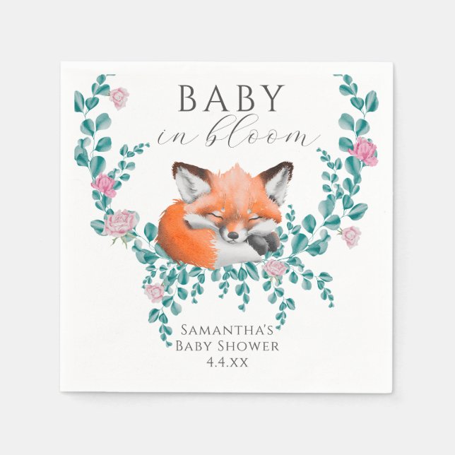 Baby in Bloom Woodland Fox Greenery Baby Shower Napkin (Front)