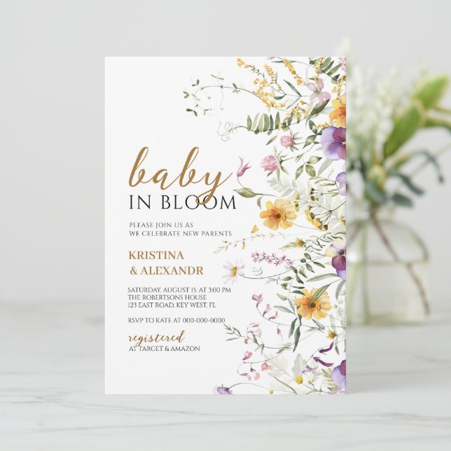 Baby in Bloom Yellow & VIiolet Wildflowers Shower  Invitation (Standing Front)