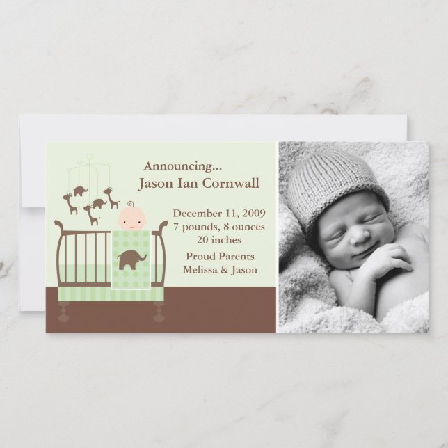 Baby in Green Crib Photo Birth Announcements (Front)