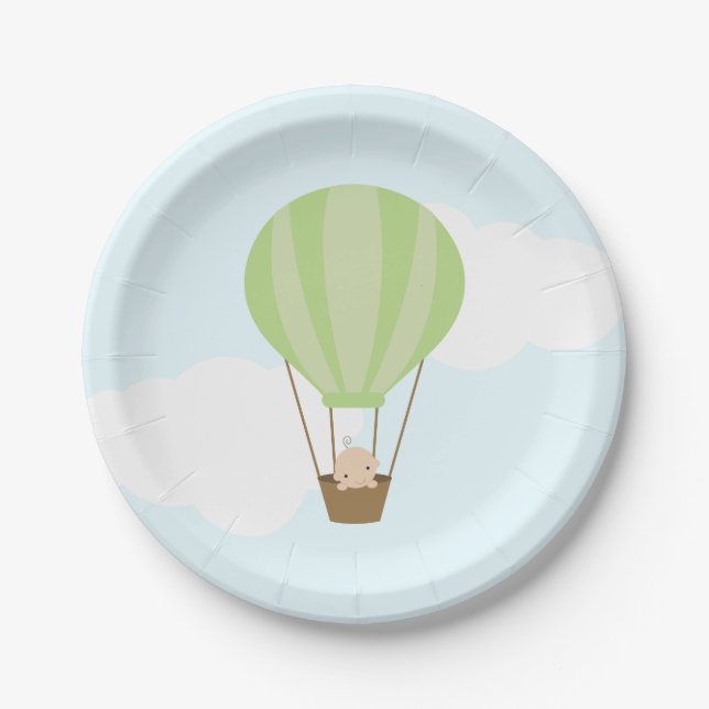 Baby in Green Hot Air Balloon Baby Shower Paper Plate (Front)