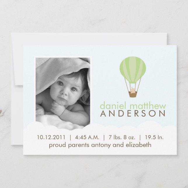 Baby in Green Hot Air Balloon Birth Announcements (Front)