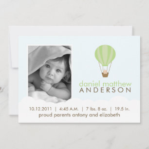 Baby in Green Hot Air Balloon Birth Announcements