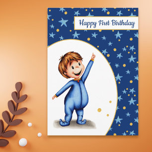 Baby in Pyjamas Blue and Yellow First Birthday Card