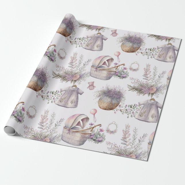 Baby in Watercolor Lavender Bloom Wrapping Paper (Unrolled)