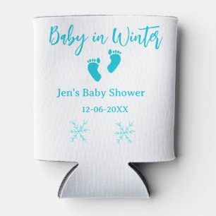 Baby in Winter baby shower blue baby feet snowflak Can Cooler