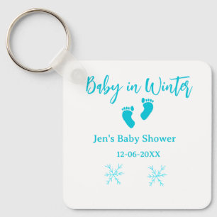 Baby in Winter baby shower blue baby feet snowflak Key Ring