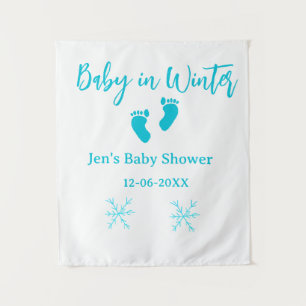 Baby in Winter baby shower blue baby feet snowflak Tapestry
