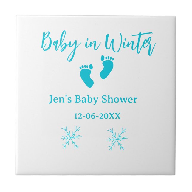 Baby in Winter baby shower blue baby feet snowflak Tile (Front)