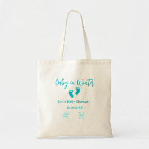 Baby in Winter baby shower blue baby feet snowflak Tote Bag