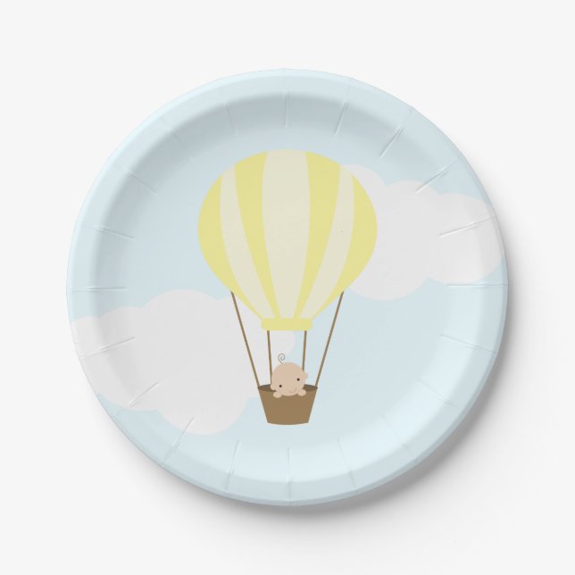 Baby in Yellow Hot Air Balloon Baby Shower Paper Plate (Front)