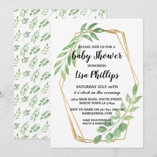 Baby Invite Shower Summer Gold Leaves Party (Front/Back)