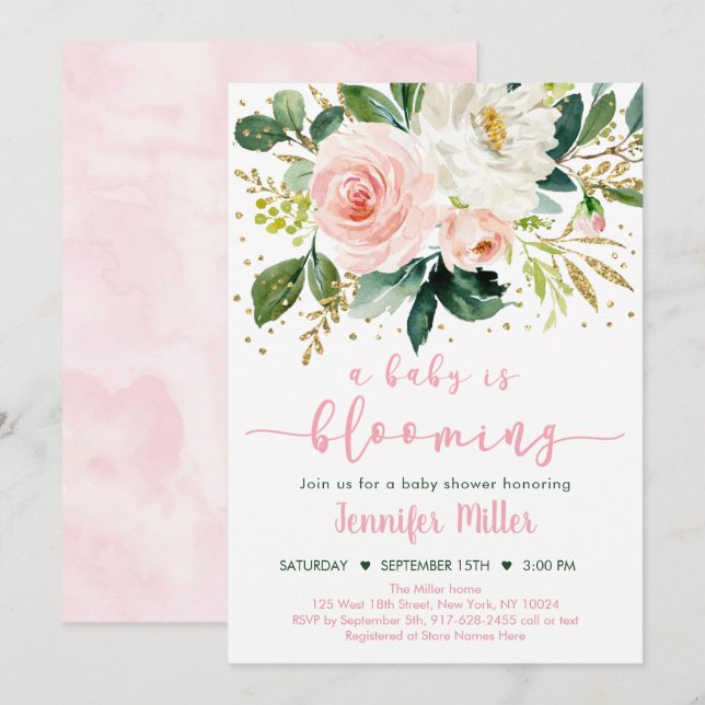 Baby Is Blooming Blush Gold Floral Baby Shower Invitation (Front/Back)