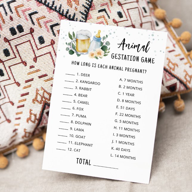 Baby Is Brewing Animal Gestation with Answers Game Invitation (Beer Sage Green Baby Shower Animal Gestation Game)