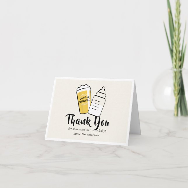 Baby is Brewing Beer Baby Bottle Beige Baby Shower Thank You Card (Front)