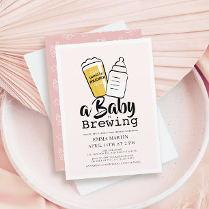 Baby is Brewing Beer Baby Bottle Pink Baby Shower Invitation