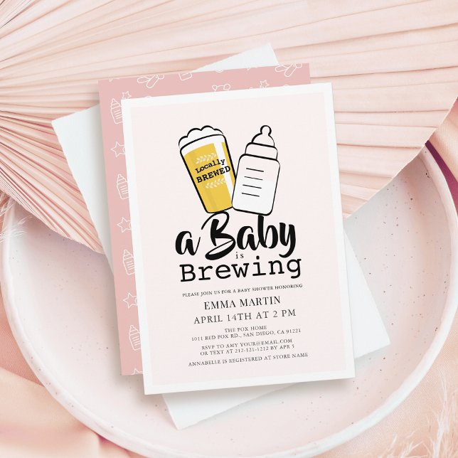 Baby is Brewing Beer Baby Bottle Pink Baby Shower Invitation (Creator Uploaded)
