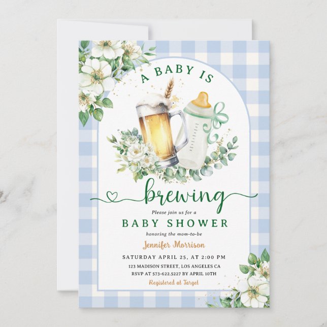 Baby is Brewing Beer Baby Shower Boy Blue Gingham Invitation (Front)