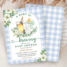 Baby is Brewing Beer Baby Shower Boy Blue Gingham