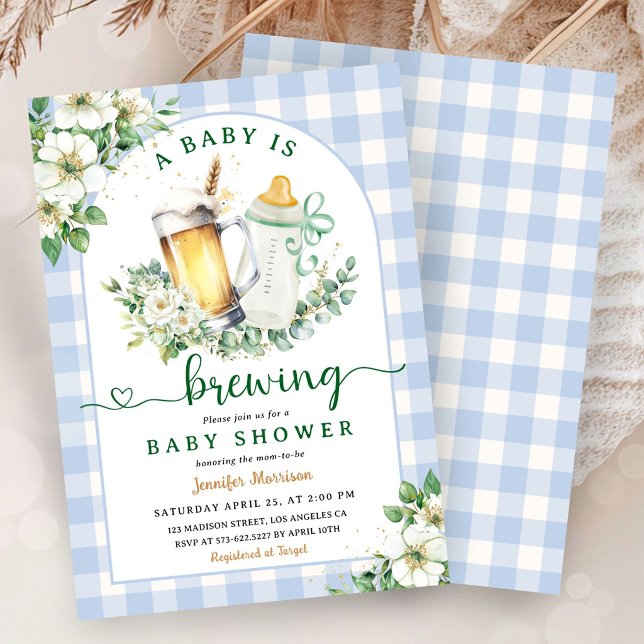 Baby is Brewing Beer Baby Shower Boy Blue Gingham Invitation (Creator Uploaded)