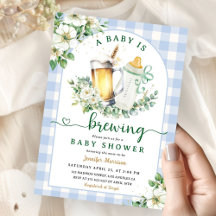 Baby is Brewing Beer Baby Shower Boy Blue Gingham