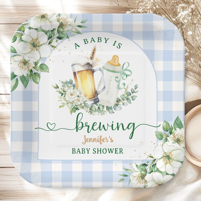 Baby Is Brewing Beer Baby Shower Boy Blue Paper Plate (Creator Uploaded)