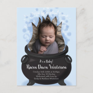 Baby is Brewing Birth Announcement Witch Boy Blue Postcard