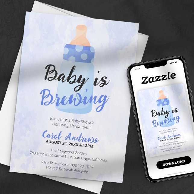 Baby is Brewing Blue Bottle Watercolor Baby Shower Invitation (Creator Uploaded)