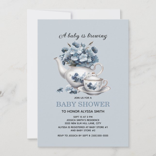 Baby is Brewing Blue Floral Baby Boy Invitation (Front)