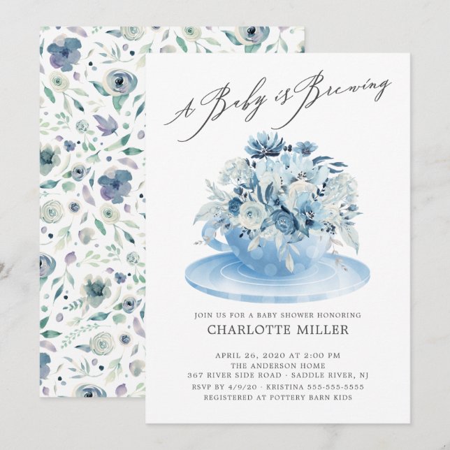 Baby is Brewing Blue Floral Baby Boy Tea  Invitation (Front/Back)