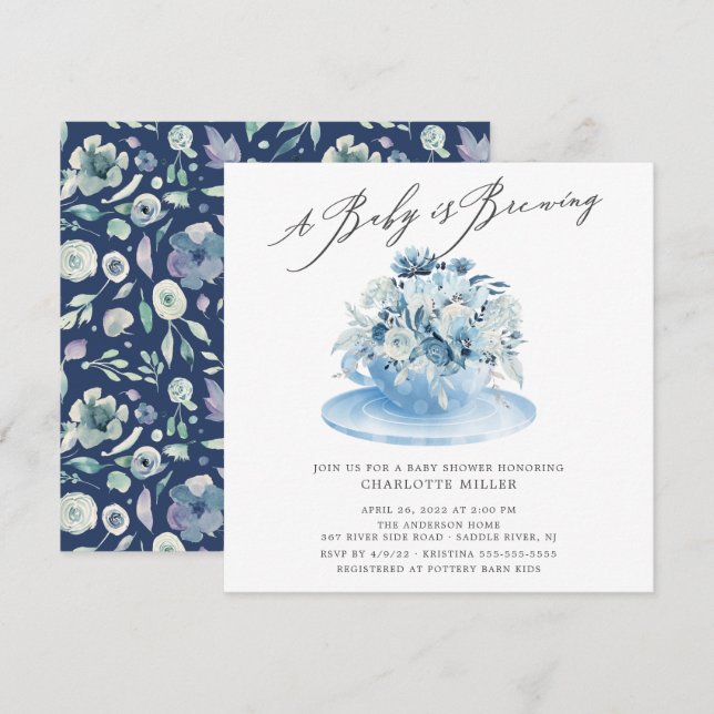 Baby is Brewing Blue Floral Baby Tea Invitation (Front/Back)