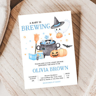 Baby is Brewing Blue Halloween Baby Shower Invitation