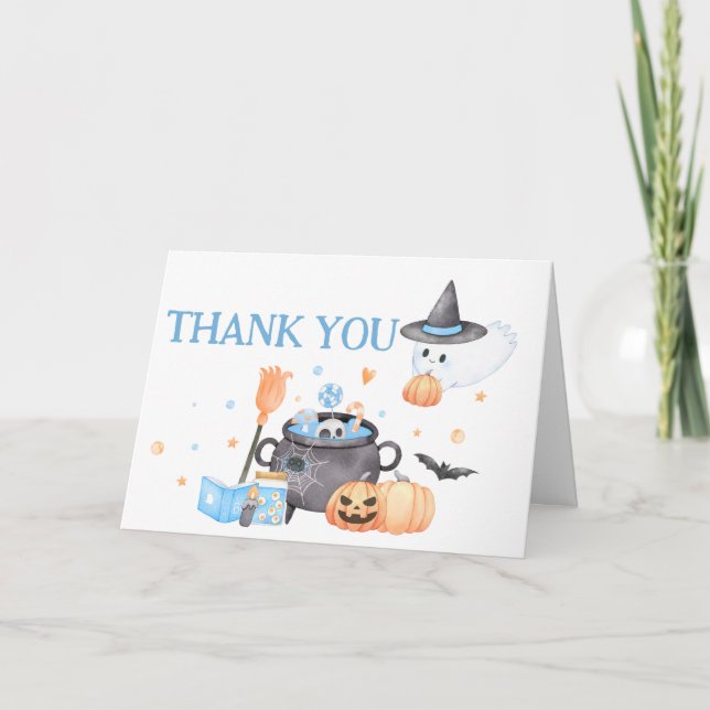 Baby is Brewing Blue Halloween Baby Shower Thank You Card (Front)