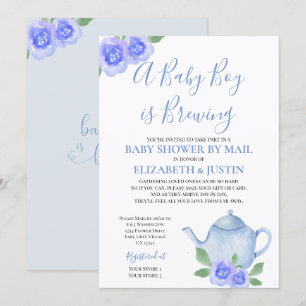 Baby is Brewing Blue Teapot Baby Shower by Mail Invitation