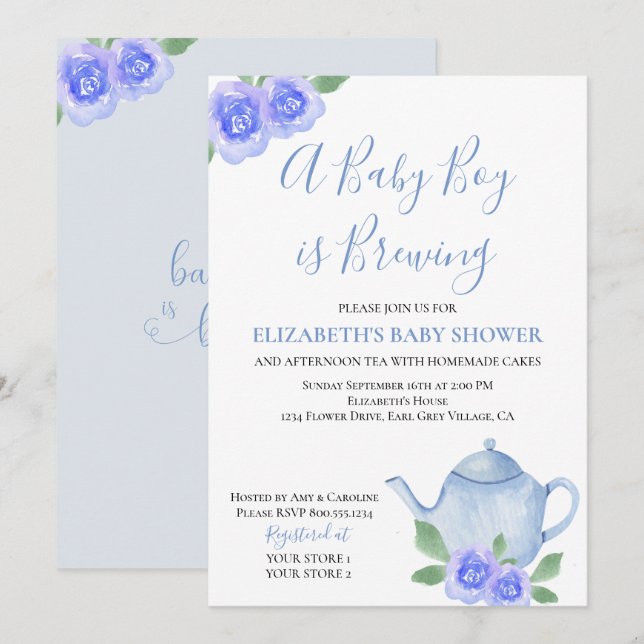 Baby is Brewing Blue Teapot Boy Baby Shower Invitation (Front/Back)