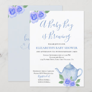 Baby is Brewing Blue Teapot Boy Baby Shower Invitation