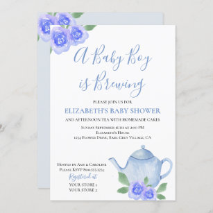 Baby is Brewing Blue Teapot Boy Baby Shower Invitation