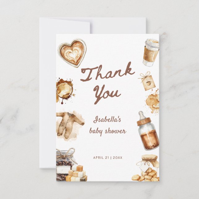 Baby Is Brewing Cafe Bebe Coffee Brown Baby Shower Thank You Card (Front)