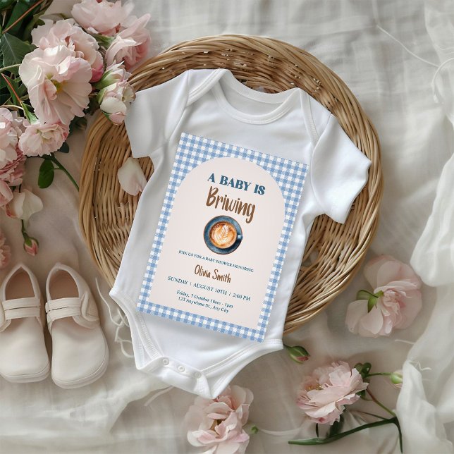 Baby is Brewing Coffee Baby Shower Blue Gingham  Invitation (Creator Uploaded)