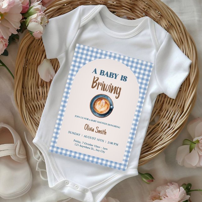 Baby is Brewing Coffee Baby Shower Blue Gingham  Invitation (Creator Uploaded)