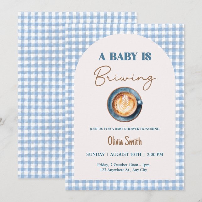 Baby is Brewing Coffee Baby Shower Blue Gingham  Invitation (Front/Back)