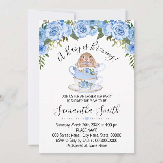Baby is Brewing Easter Tea Shower Blue Invitation (Front)