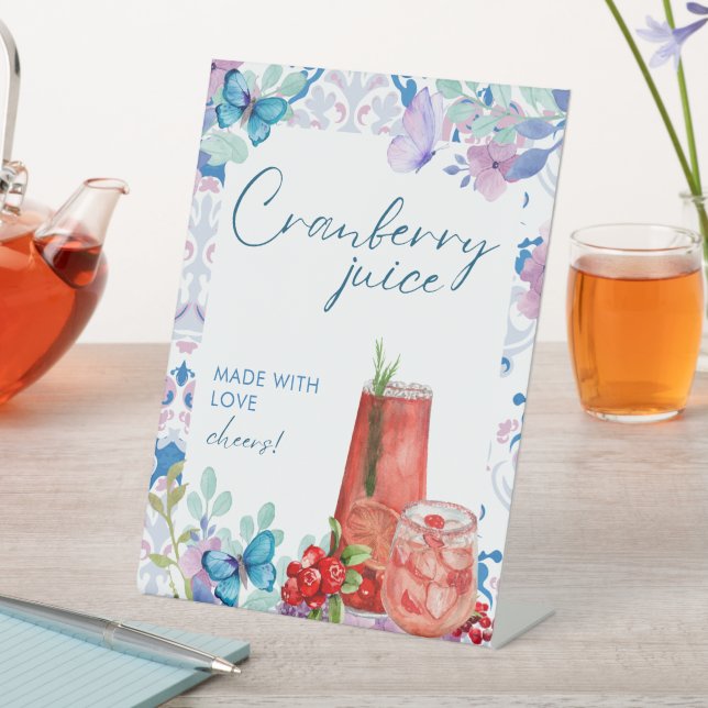 Baby is brewing floral Baby Shower Cranberry juice Pedestal Sign (In SItu)