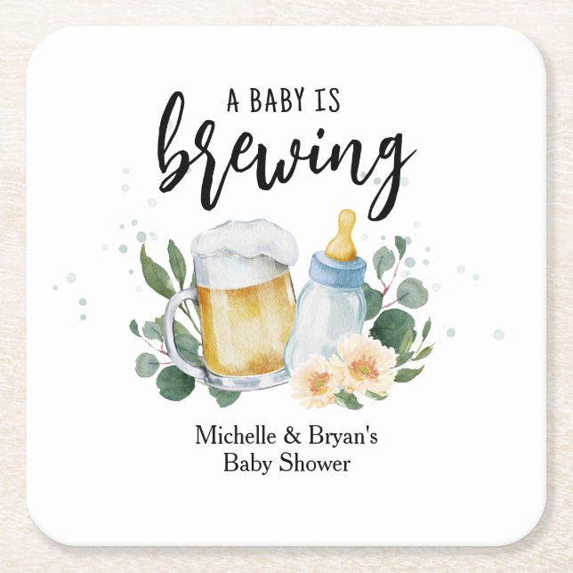 Baby Is Brewing Greenery Baby Shower Beer Square Paper Coaster (Front)
