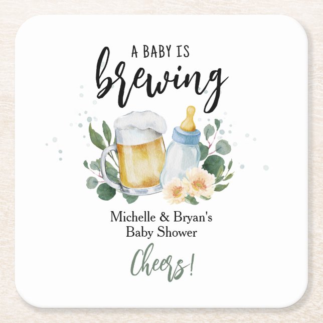 Baby Is Brewing Greenery Baby Shower Cheers Square Paper Coaster (Front)