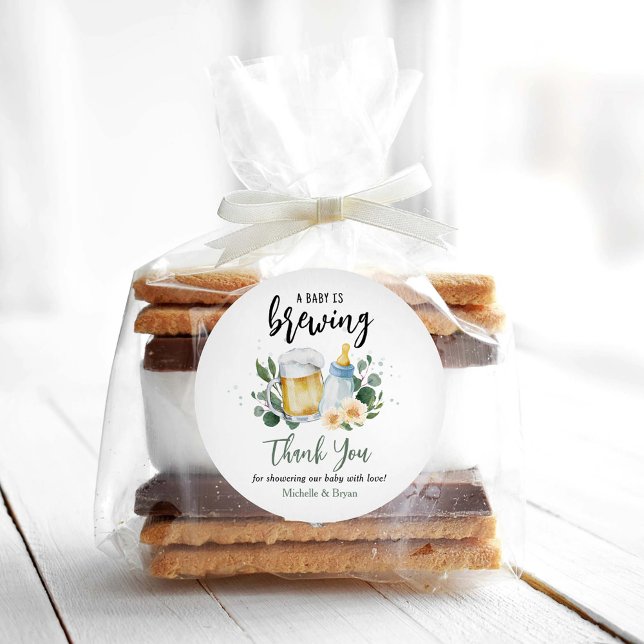 Baby Is Brewing Greenery Baby Shower Thank You Classic Round Sticker (Creator Uploaded)