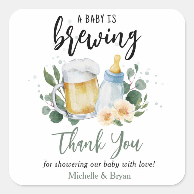 Baby Is Brewing Greenery Baby Shower Thank You Square Sticker (Front)