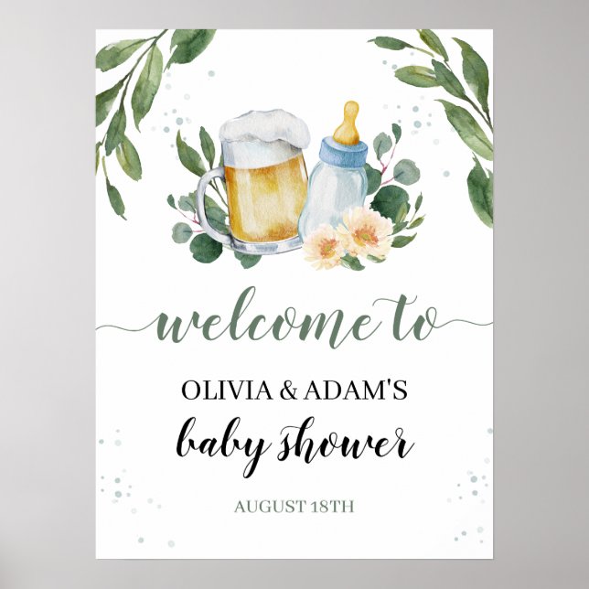 Baby Is Brewing Greenery Baby Shower Welcome Poster (Front)