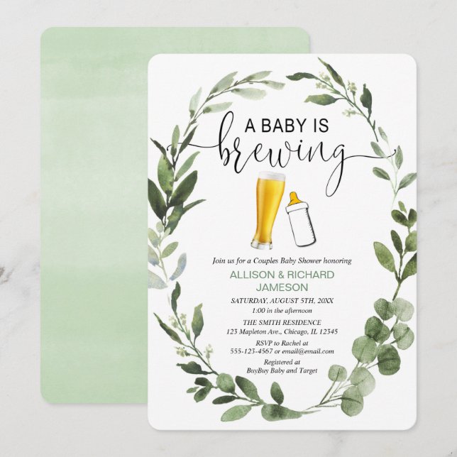 Baby is Brewing greenery couples baby shower Invitation (Front/Back)