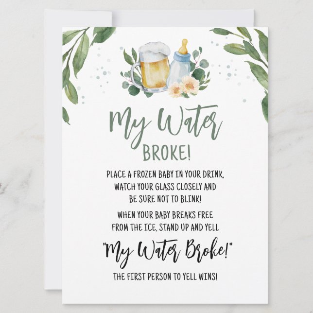 Baby Is Brewing Greenery My Water Broke Game  Card (Front)
