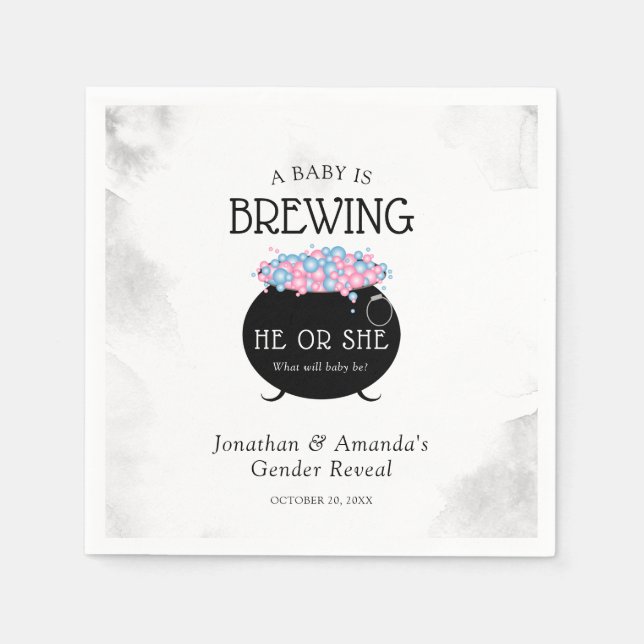 Baby Is Brewing Halloween Gender Reveal Party Napkin (Front)
